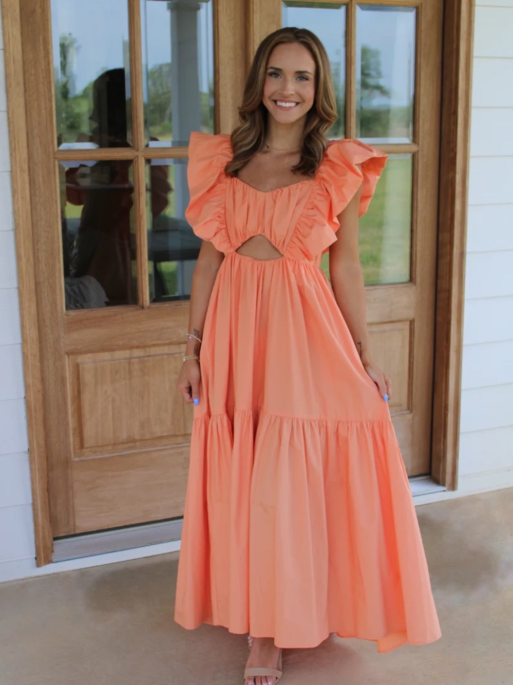 Ina Coral Peach Ruffle Maxi Dress with Front Cutout Size S 100%Cotton